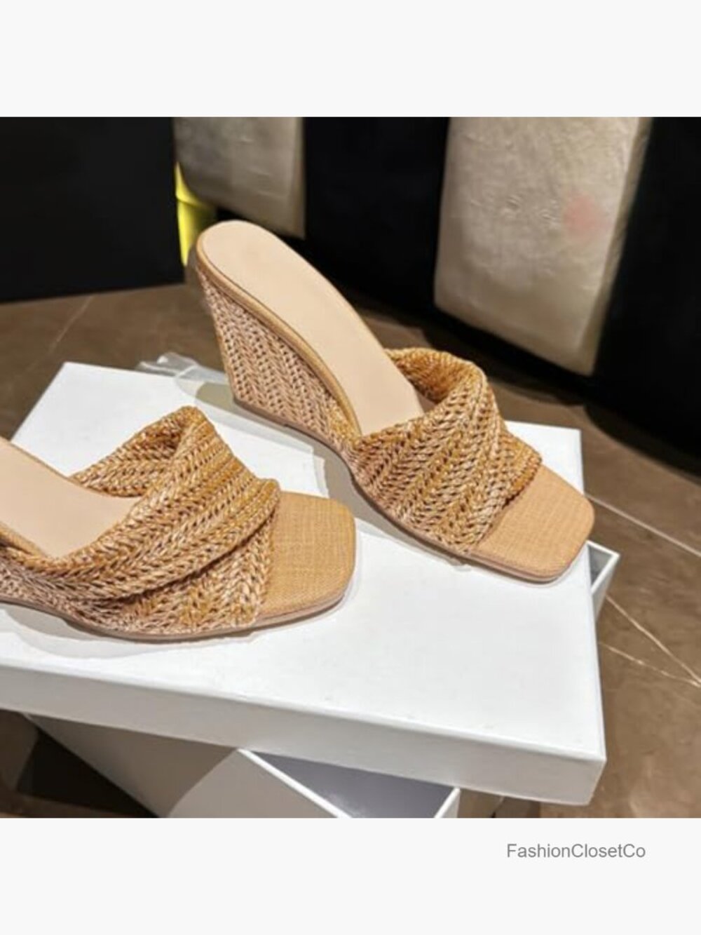 Square Open Toe Braided Wedge Sandals - Slip On High Heel Mules Raffia Slide - Picture 5 of 7